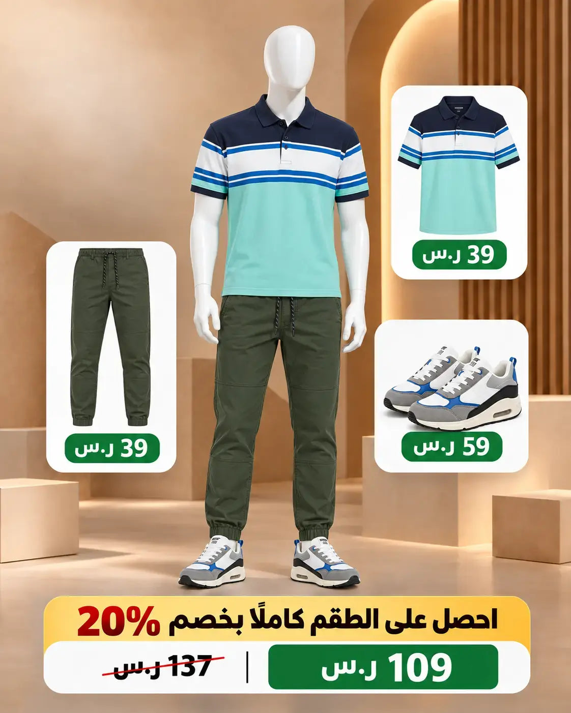 طقم بولو مخطط كاجوال