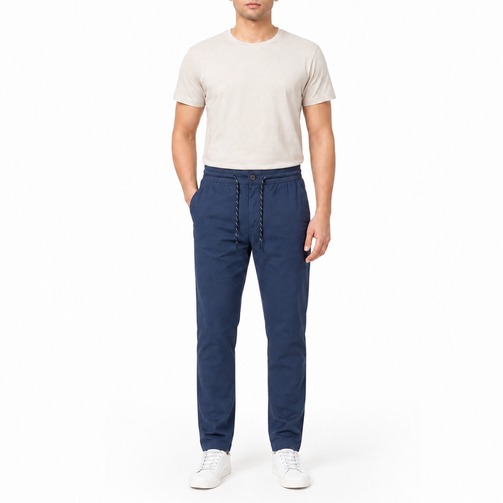Navy trousers with an elasticated waist