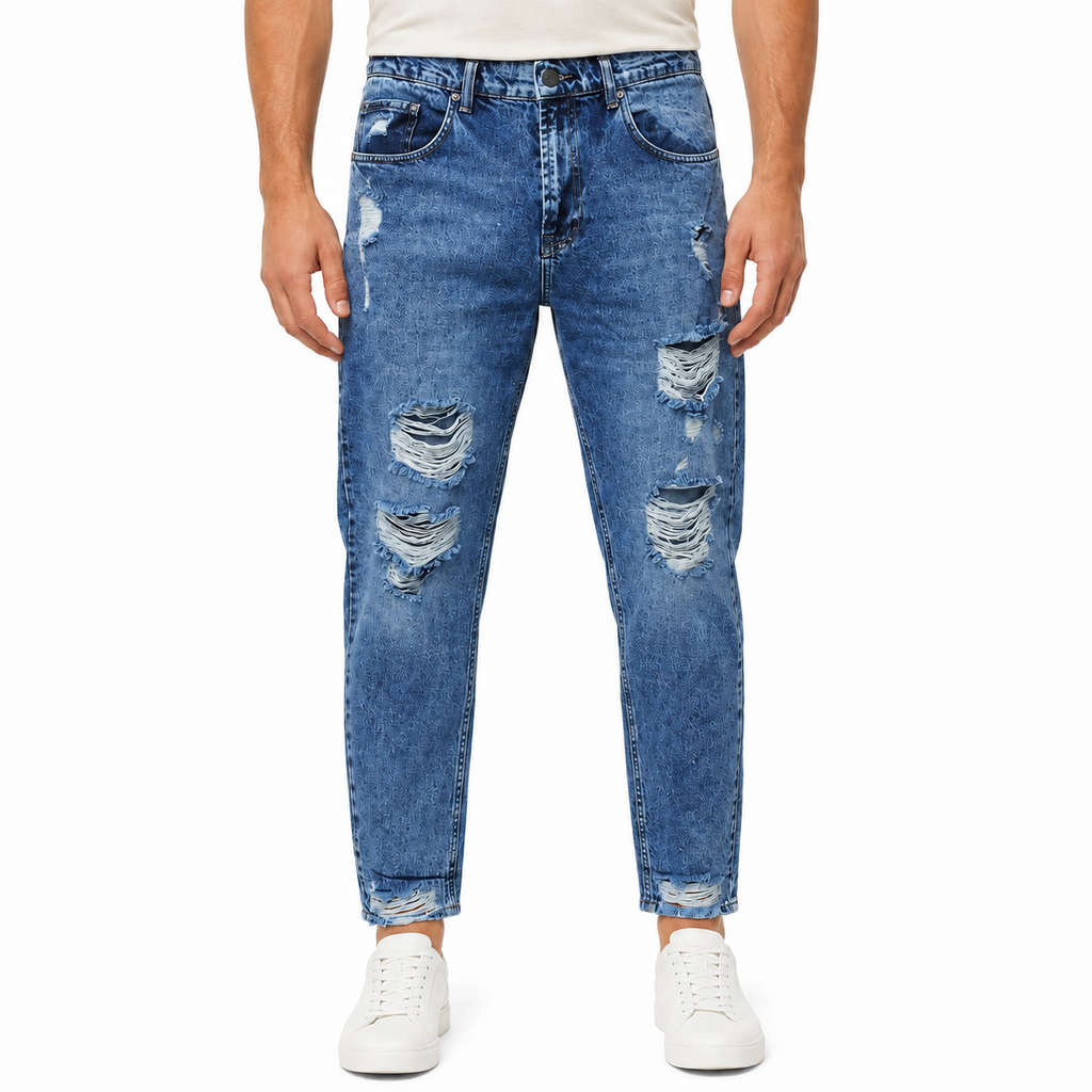 Blue jeans with eye-catching cutouts