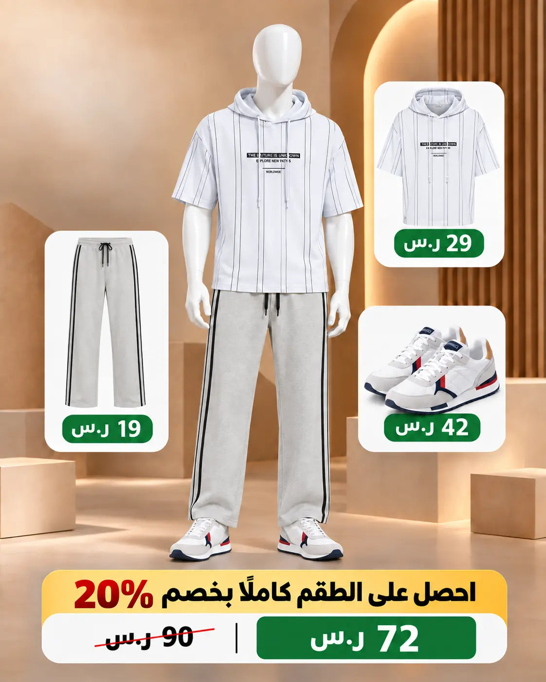 طقم هودي مخطط أبيض