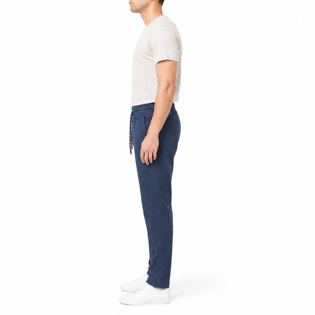 Navy trousers with an elasticated waist