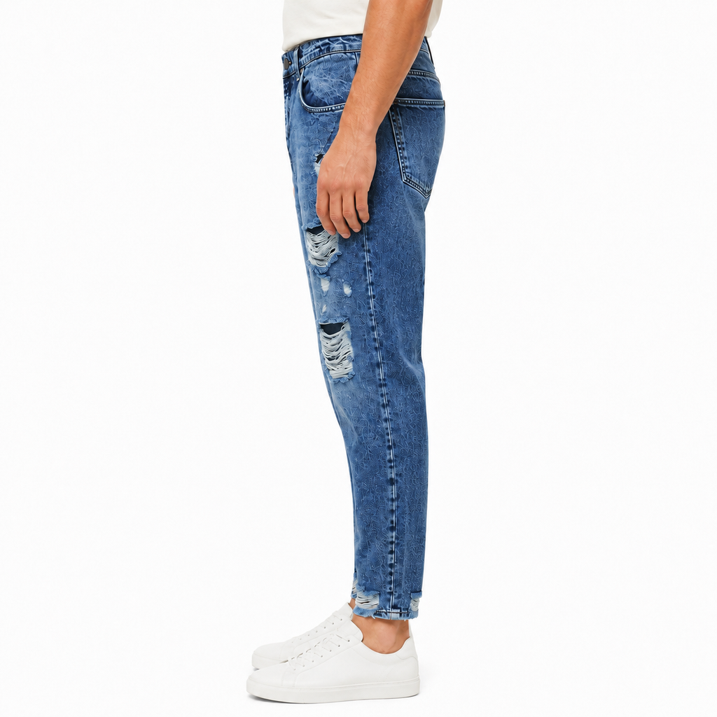 Blue jeans with eye-catching cutouts
