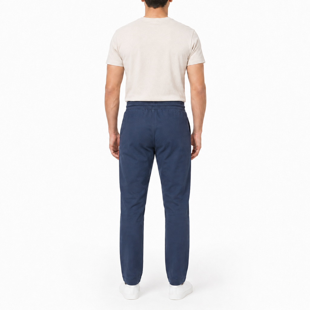 Navy trousers with an elasticated waist