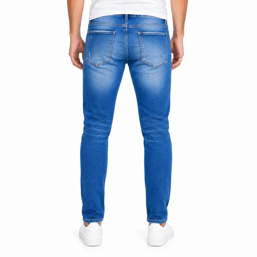Blue Distressed Slim-Fit Jeans