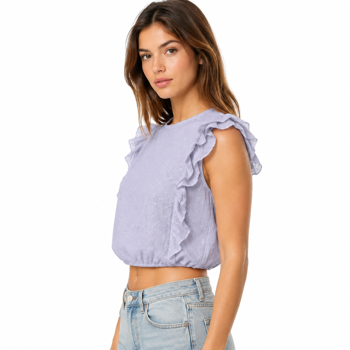 A light purple crop top with elegant ruffles