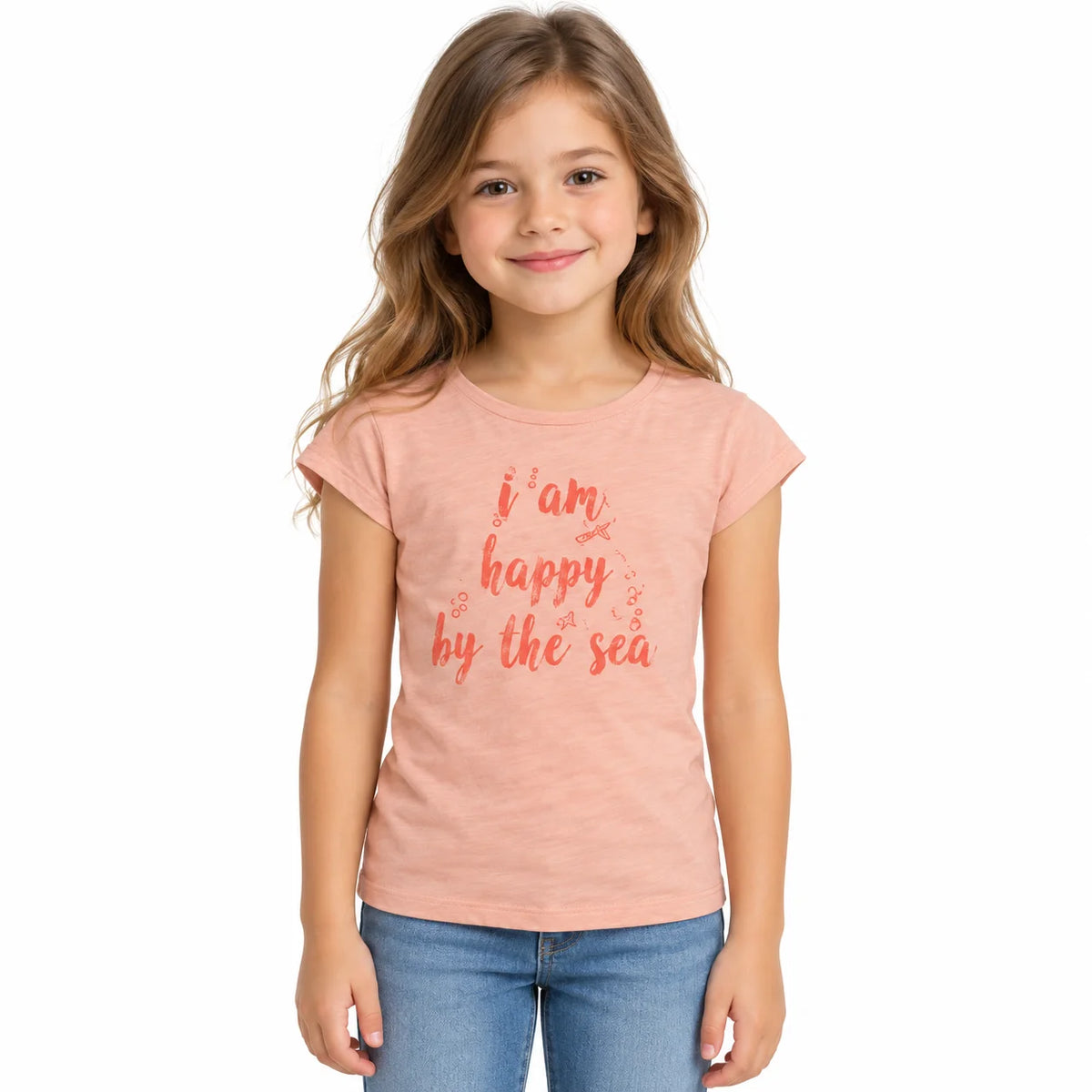 Girls' Peach Sea-Themed T-Shirt