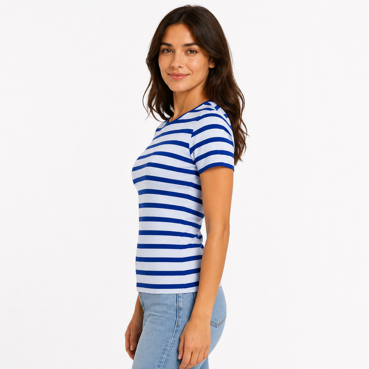 Women's White and Navy Striped Crop T-Shirt