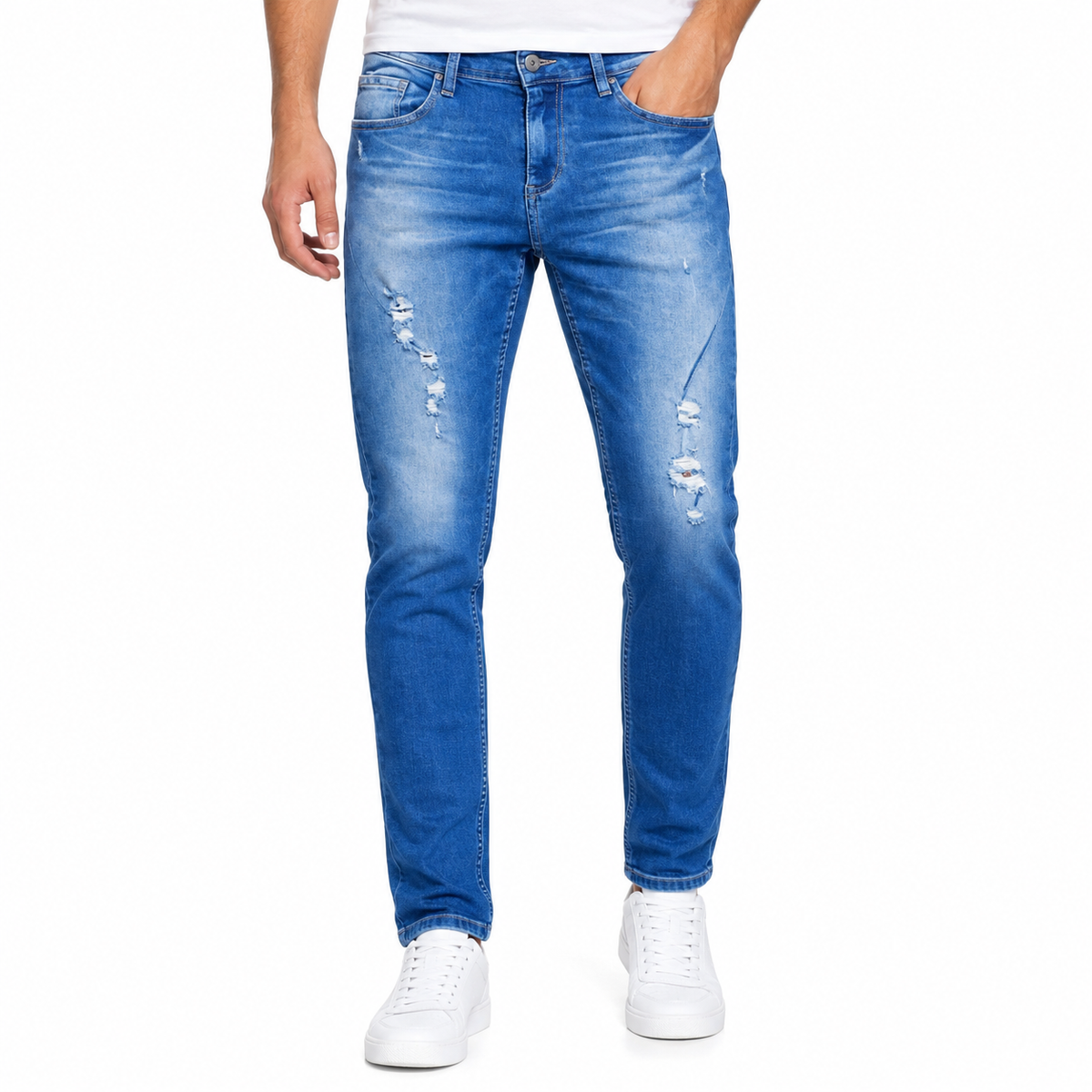 Blue Distressed Slim-Fit Jeans
