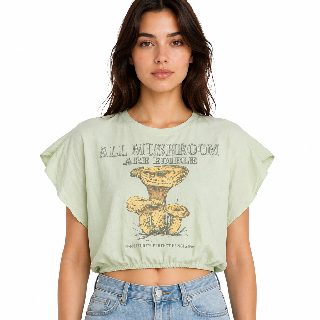 Cropped mint top with mushroom print