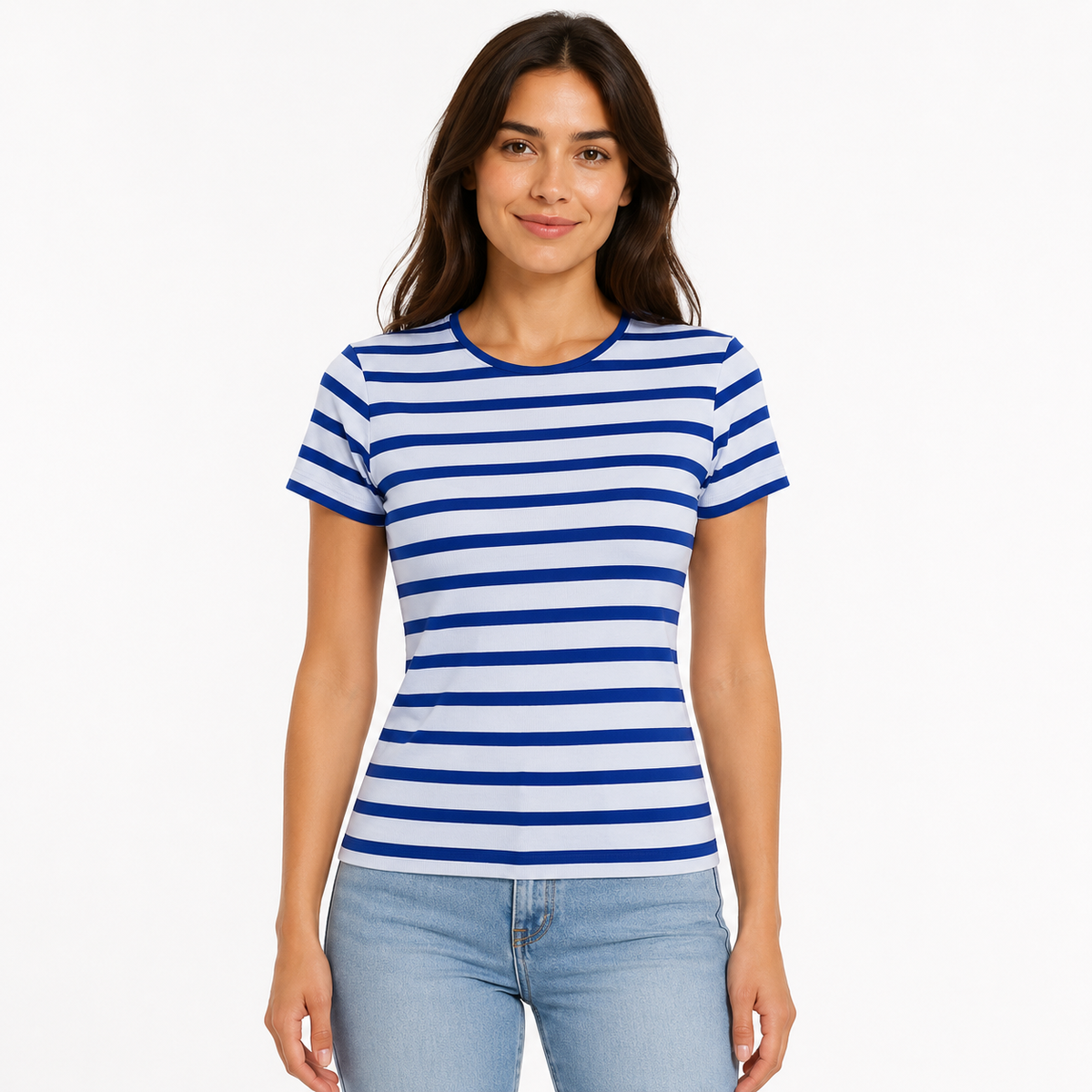 Women's White and Navy Striped Crop T-Shirt