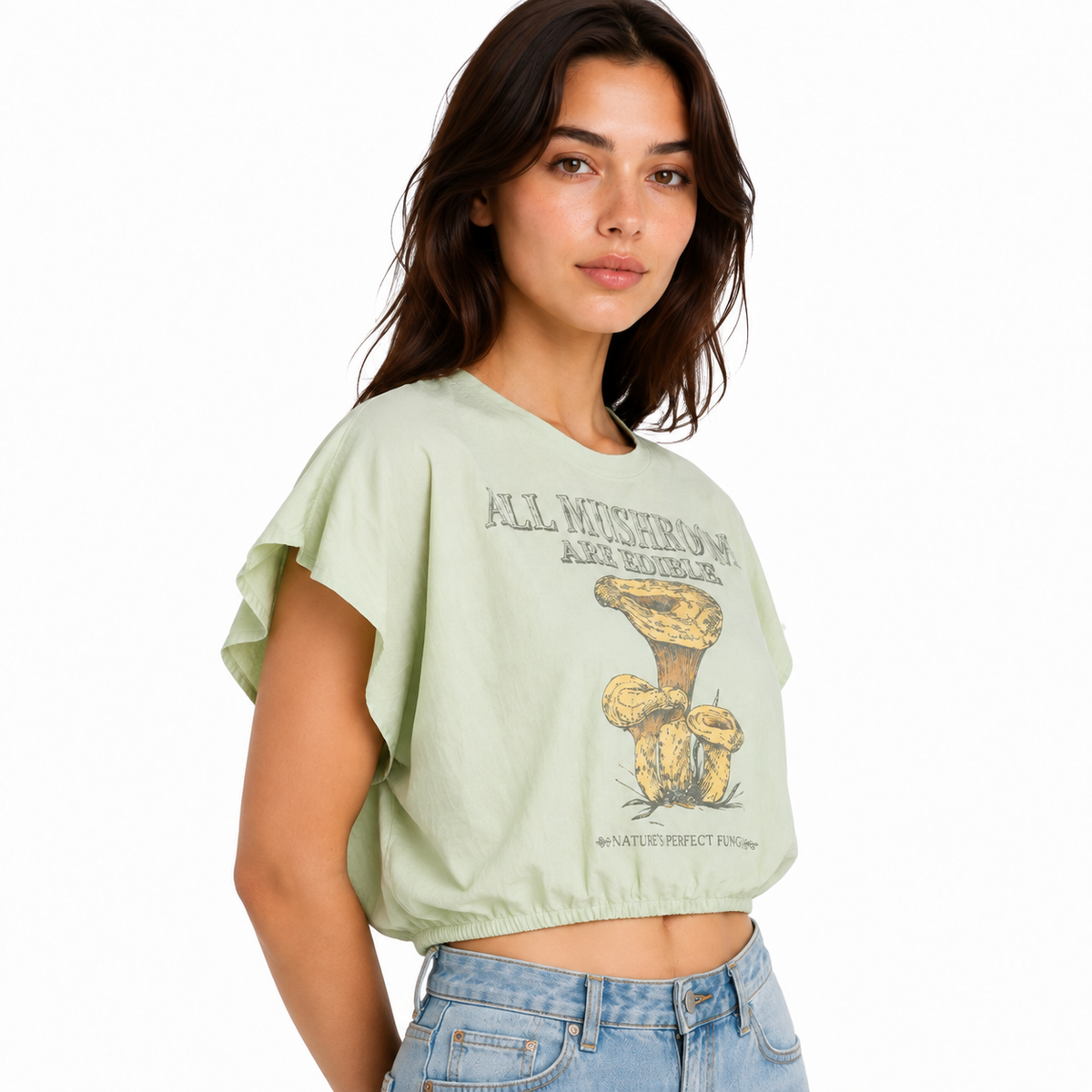 Cropped mint top with mushroom print