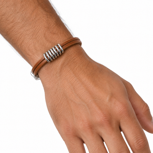 Brown leather bracelet with rings