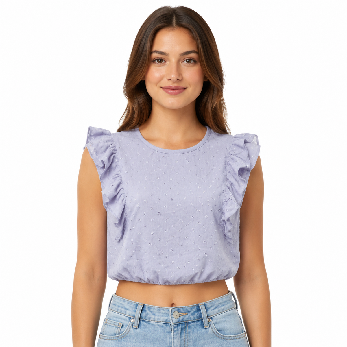 A light purple crop top with elegant ruffles