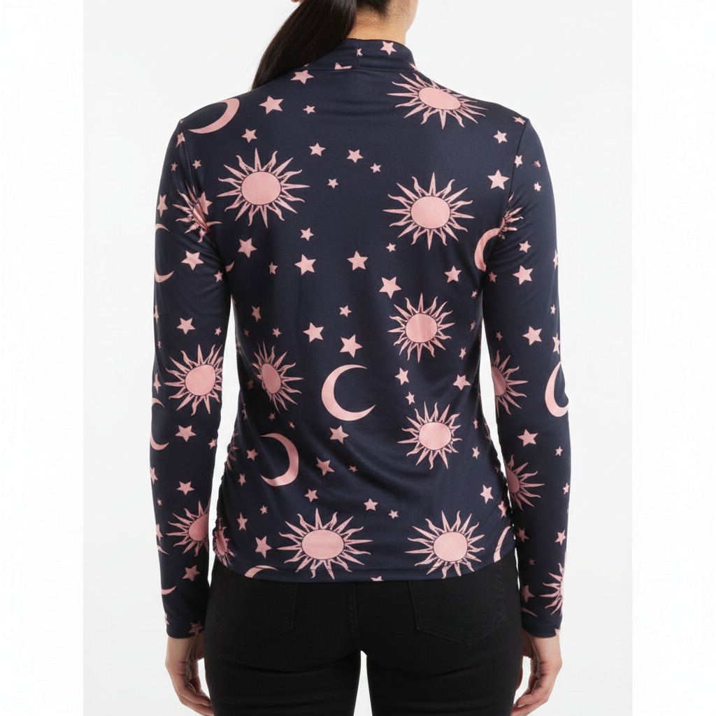 Navy Sun Moon Stars Print Long Sleeve Top - Back View