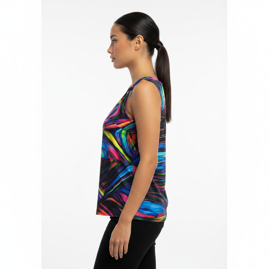 Colorful abstract print sleeveless top - side view on female model