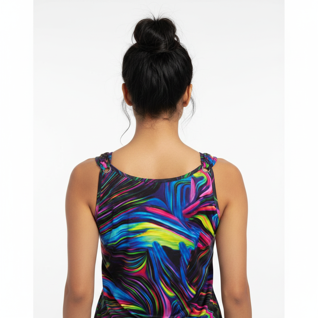 Colorful abstract print sleeveless top - back view on female model