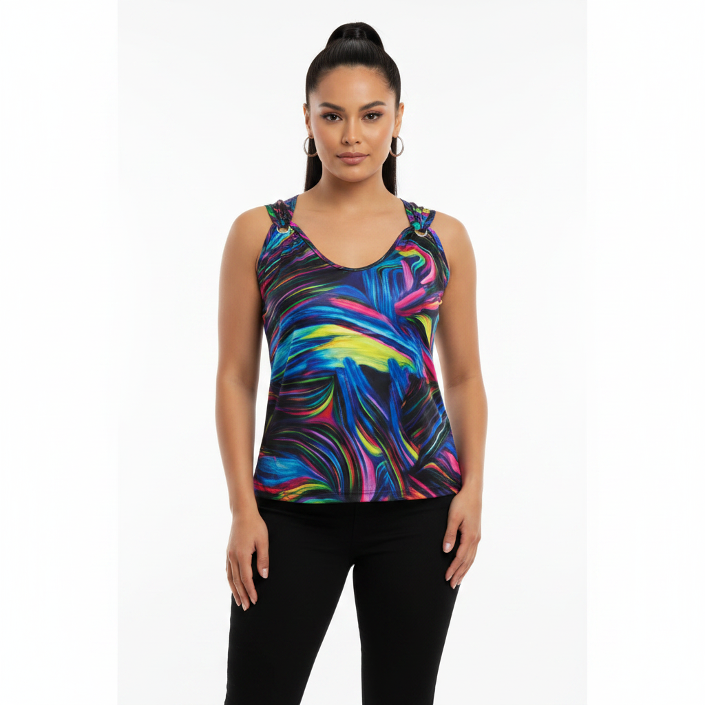 Colorful abstract print sleeveless top - front view on female model